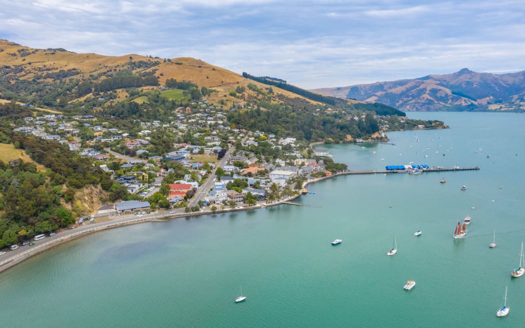 Aerial view of waterfront of Akaroa, New Zealand.