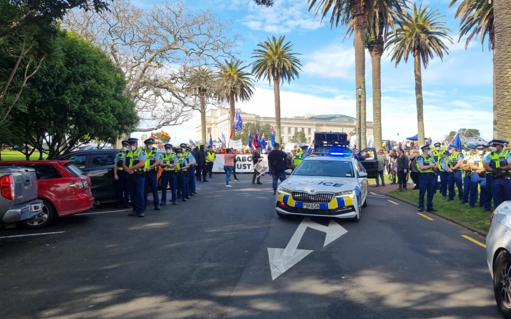 Police at the Freedom and Rights Coalition protest in Auckland Domain on August 6, 2022.