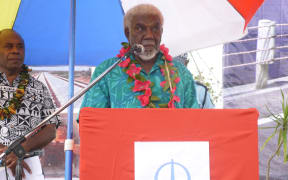 Vanuatu's Prime Minister, Joe Natuman, speaks at the groundbreaking ceremony of a Chinese-funded US$50 million road project in Tanna, Vanuatu.