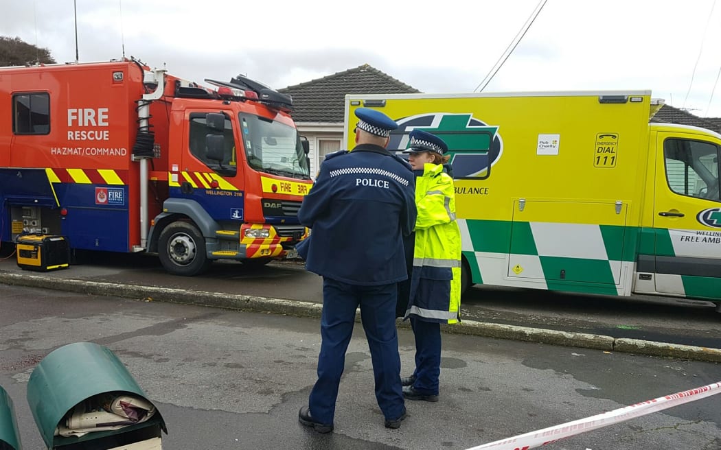 An ambulance and fire engine at the cordoned off scene in Lower Hutt.