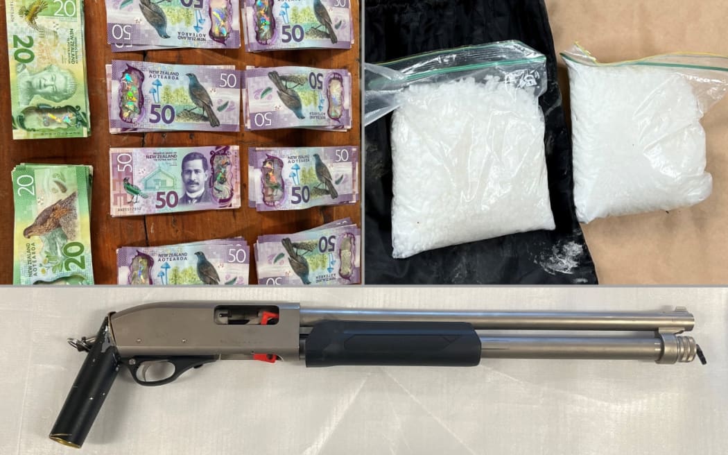 Methamphetamine, cash and a firearm were seized after Operation Cobalt staff searched a Johnston Road property in Kawakawa on 2 May, 2023.