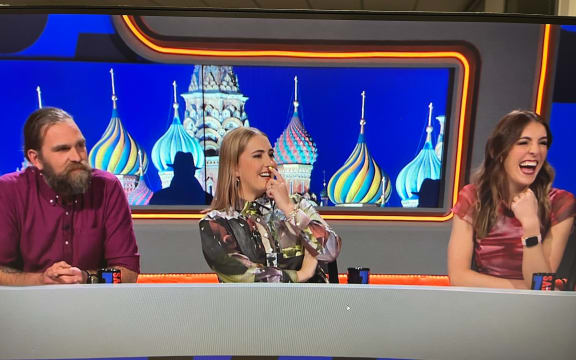 '7 Days' comedians have a laugh at RNZ against the backdrop of the Kremlin in last Thursday night's episode.
