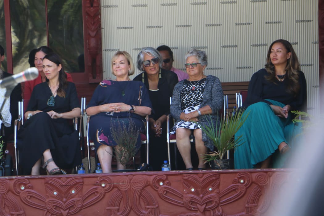 Prime Minister Jacinda Ardern, National Party leader Judith Collins and Greens co-leader Marama Davidson (on far right) at Te Whare Rūnanga on 4 February, 2021.