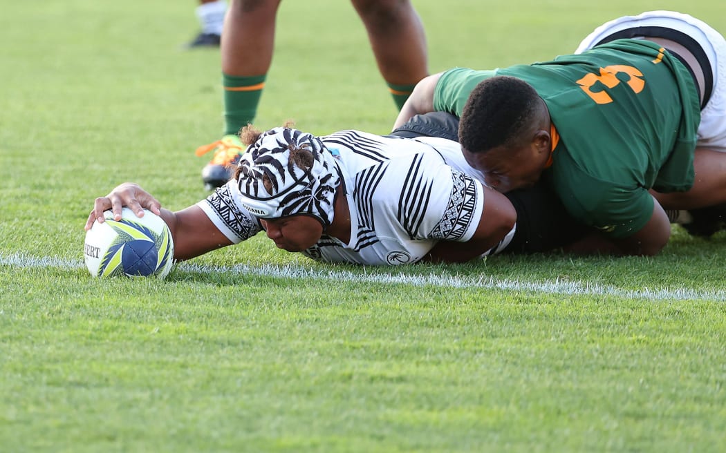 Vika Matarugu of Fiji scores a try during the Pool C Rugby World Cup 2021 match between Fiji and South Africa at Waitakere Stadium on October 16, 2022, in Auckland, New Zealand