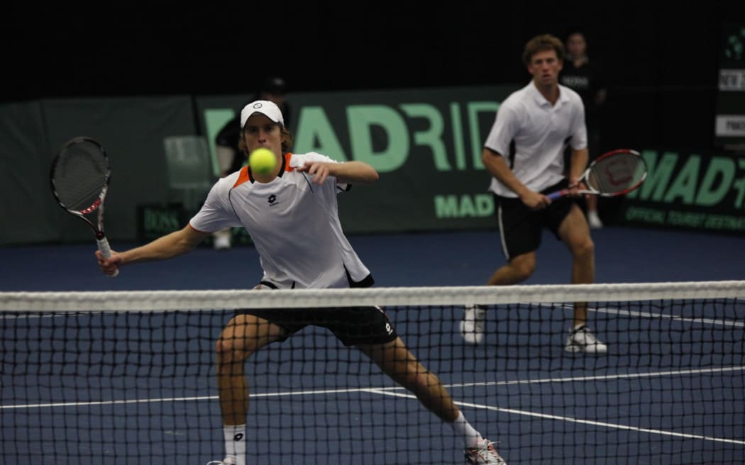 Michael Venus and Marcus Daniell during a doubles match against Pakistan in 2010