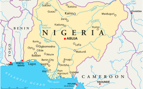 Nigeria Political Map with capital Abuja, national borders, most important cities, rivers and lakes