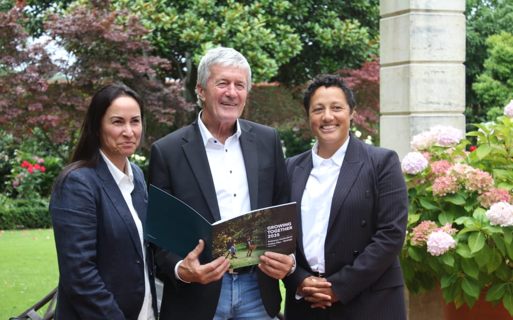 Horticulture New Zealand chief executive Nadine Tunley, Agriculture Minister Damien O'Connor and East Coast Labour MP Kiri Allan at the action plan launch in Gisborne.
