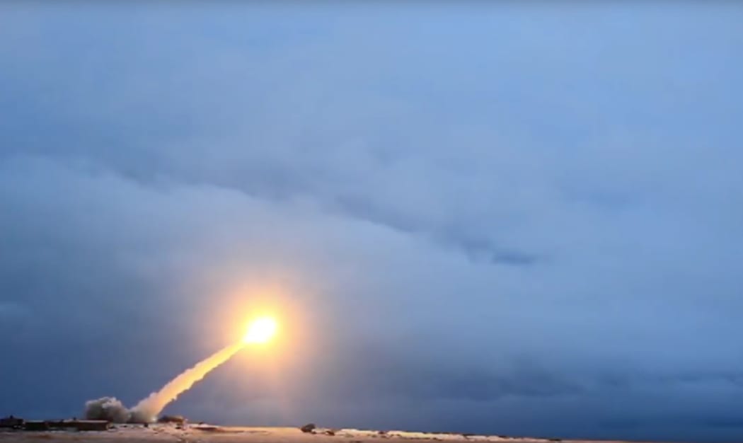 Testing the Burevestnik nuclear cruise missile. A screenshot from a video provided by the Russian Defense Ministry.