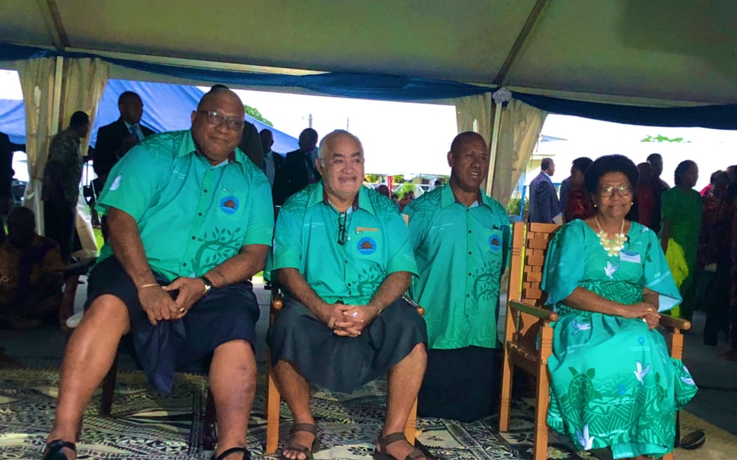 Left to right: Fiji President Ratu Wiliame Katonivere, Ratu Epenisa Cakobau (head of Kubuna Confederacy), Ratu Aisea Komaitai, kneeling, (Ratu Epenisa's traditional spokesperson), Ro Teimumu Kepa (head of Burebasaga Confederacy). 25 May 2023.