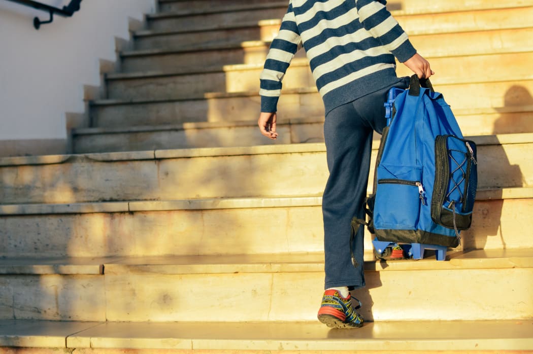 Boy walking on stairs with a bag.
