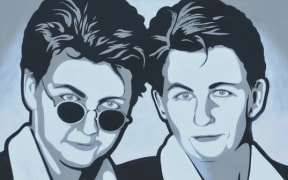 An illustration of NZ entertainers The Topp Twins based on a mural in their hometown of Huntly
