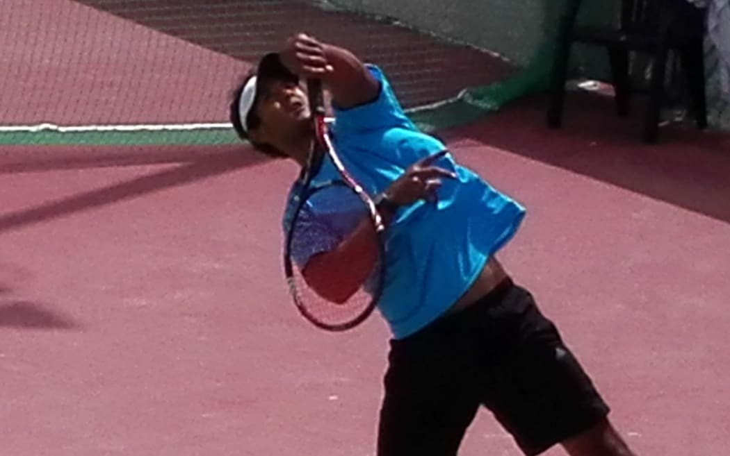 Vanuatu's Cyril Jacobe serves for Pacific Oceania in their Davis Cup tie in Bahrain.