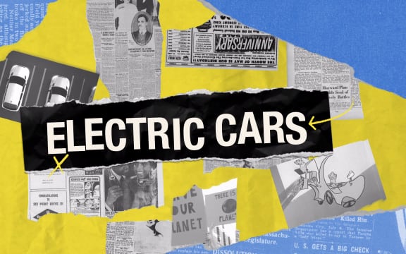 Title of Electric Cars across the middle of the image, surrounded by news articles ripped from newspapers on the history of cars, and images of people protesting environmental damage.