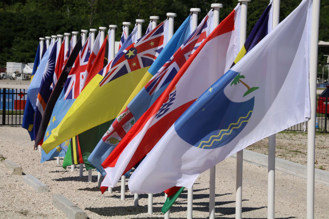 This file picture taken on September 5, 2018 shows flags from the Pacific Islands countries being displayed in Yaren on the last day of the Pacific Islands Forum (PIF).