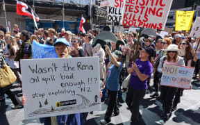 Protesters walked to SkyCity yesterday where the Petroleum Summit is being held this week.