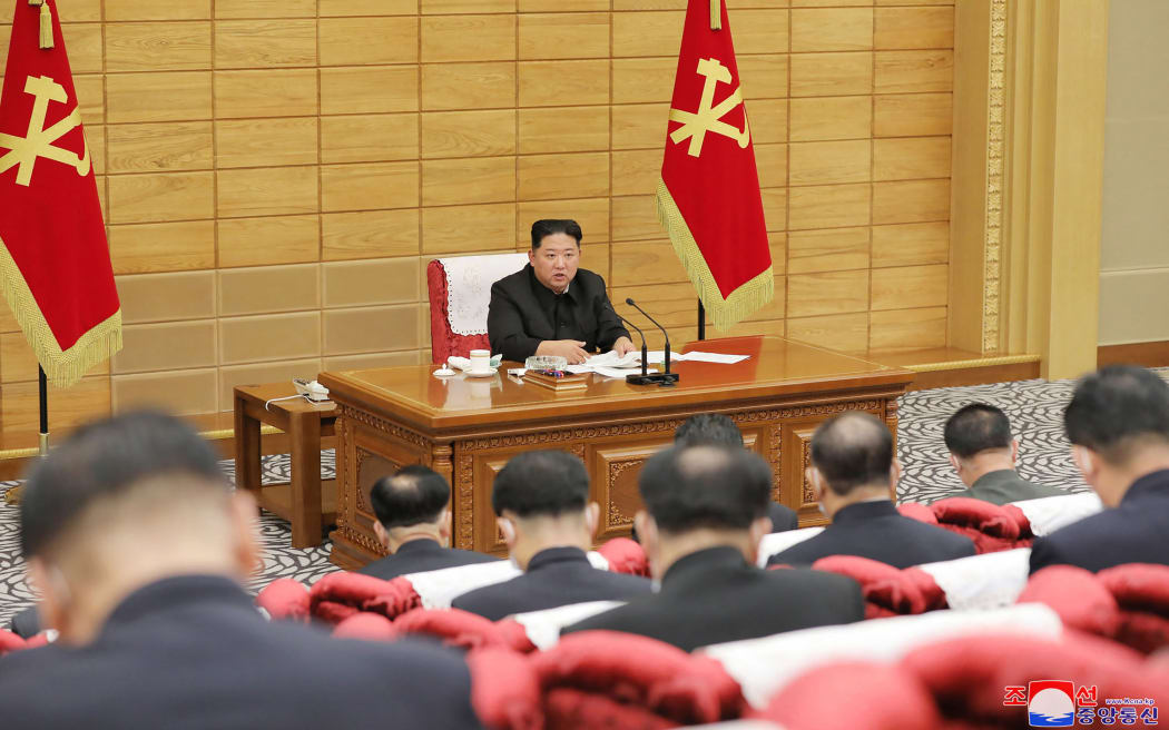 North Korean leader Kim Jong Un takes part in the Workers' Party of Korea council to check the operational status of the maximum emergency measures to prevent the spread of Covid-19 infections, in Pyongyang, North Korea.