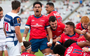 Tasman Sione Havili celebrates a try just before halftime during the Mitre 10 Cup Final rugby match between Auckland and Tasman Makos, held at Eden Park, Auckland, New Zealand.  28  November  2020