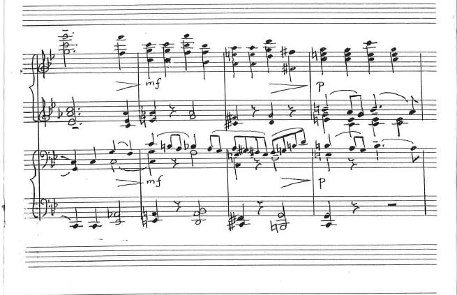 A page from John Ritchie's 'Intrada and tarantella for piano duet' (1955), in his own hand