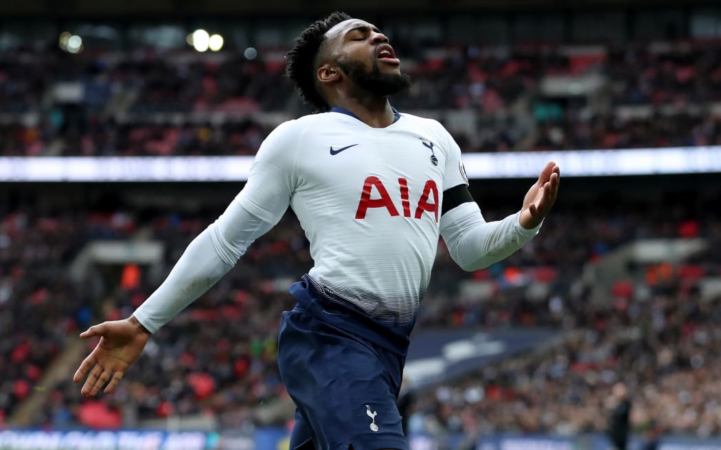 10th February 2019, Wembley Stadium, London England; EPL Premier League football, Tottenham Hotspur versus Leicester City; Danny Rose of Tottenham Hotspur reacts as he mistimes his challenge and the ball goes out of play