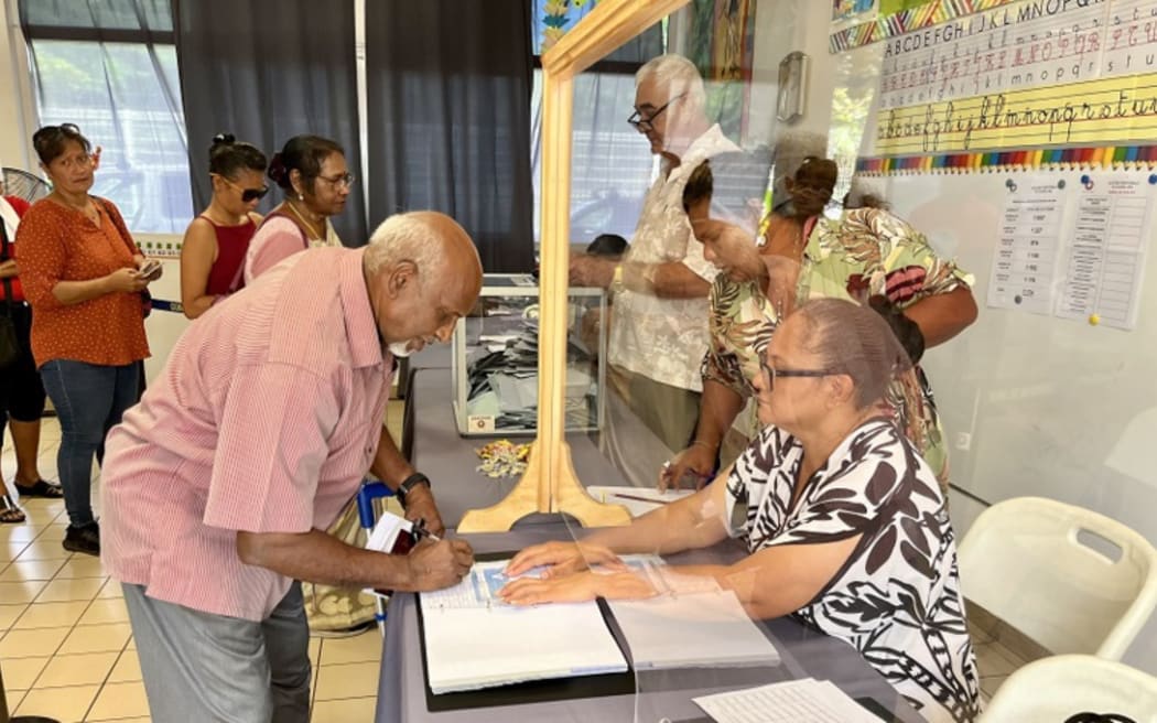 Arue polling station on 16 April 2023.