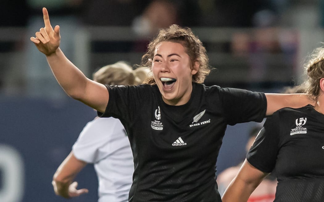 Maiakawanakaulani Roos of New Zealand celebrates winning the Women's Rugby World Cup semi-final match between New Zealand and France at Eden Park in Auckland, New Zealand on Saturday November 05, 2022. Copyright photo: Aaron Gillions / www.photosport.nz