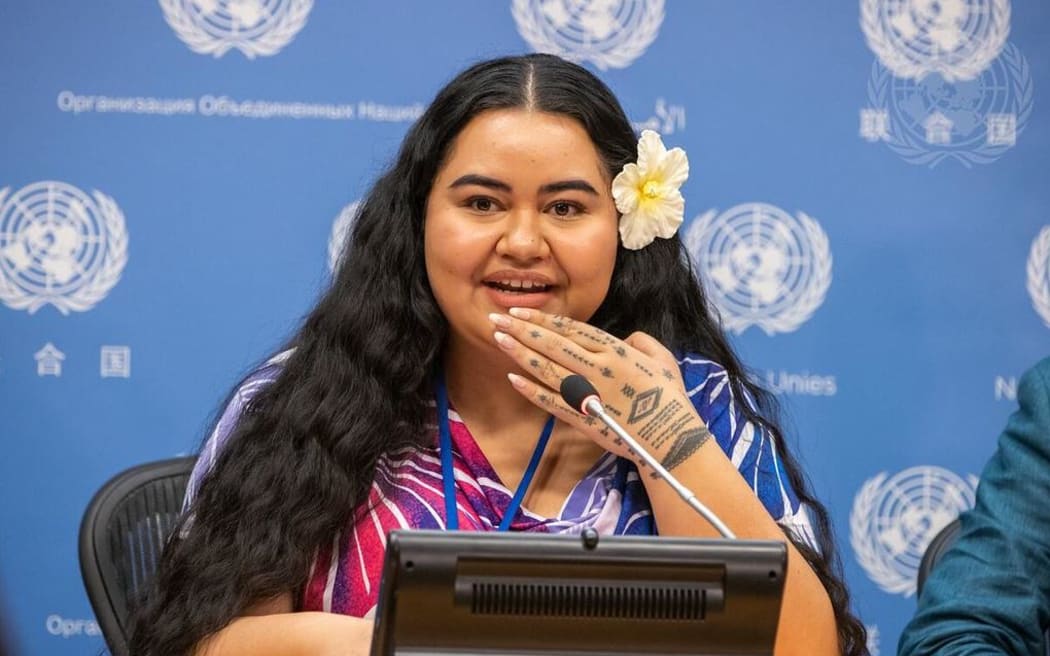Brianna Fruean, Pacific Climate Warrior and Youth Climate Justice Activist, briefs the press during the Climate Ambition Summit in New York. 20 September 2023