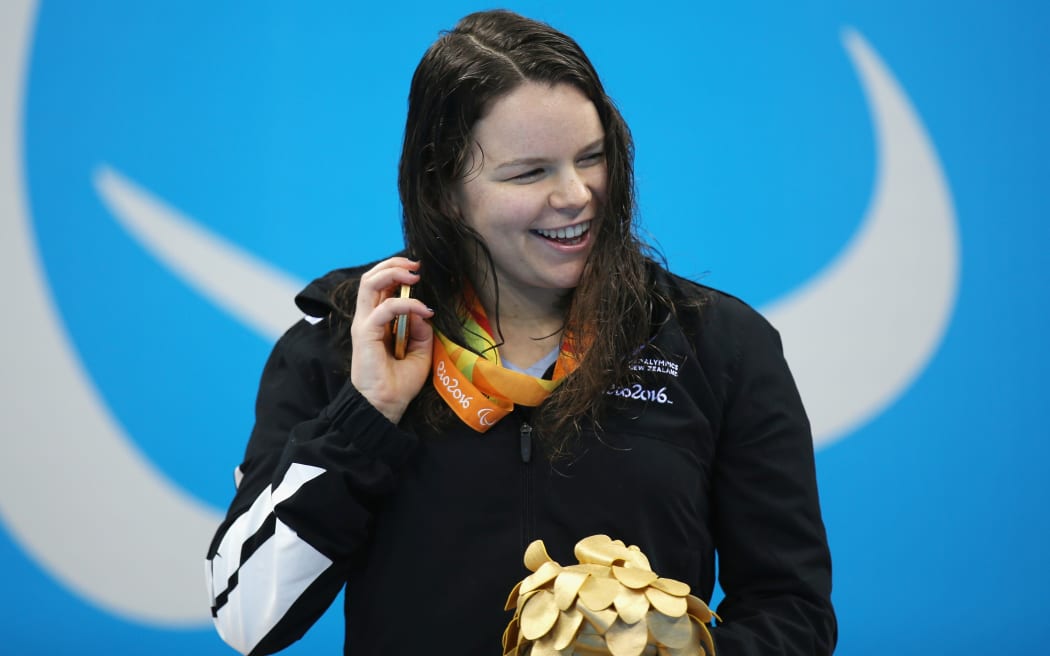 Mary Fisher on the podium with her gold medal at the Rio Paralympics.