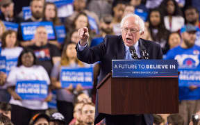 Vermont senator Bernie Sanders speaks to a crowd at the Royal Farms Arena in Baltimore, Maryland.
