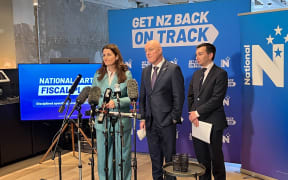 National Party leader Christopher Luxon, finance spokesperson Nicola Willis and Simeon Brown at the release of the party's fiscal plan before the 2023 election.