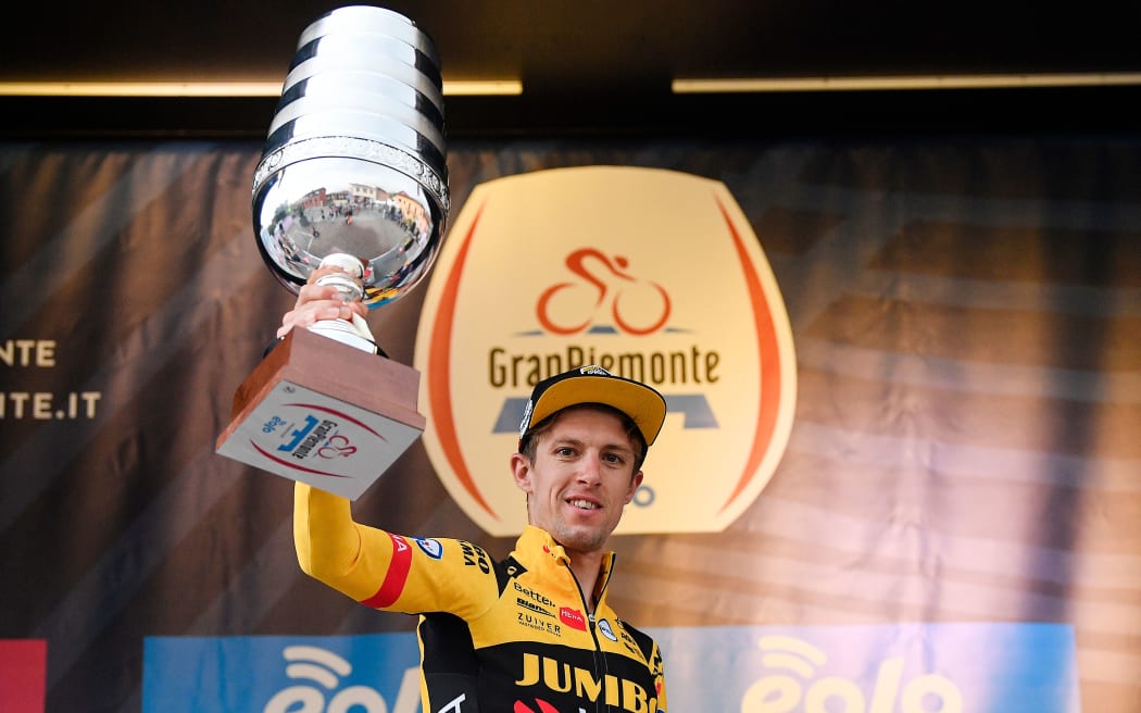 George Bennett of Team Jumbo Visma wins the Gran Piemonte in Italy 2020.