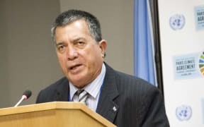 John Silk, Minister for Foreign Affairs of the Republic of the Marshall Islands, speaks at a press briefing of representatives from the "high ambition coaltion" gathered at UN Headquarters today for the historic signing of the Paris Agreement on Climate Change.