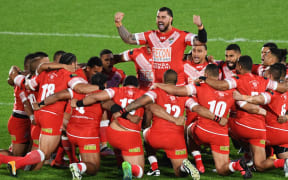 Andrew Fifita leads the Tongan Sipi Tau ahead of the test against Australia in Auckland last year.