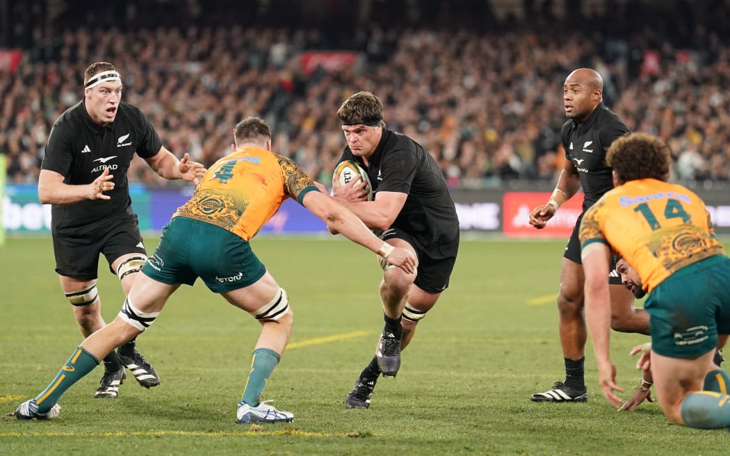 Scott Barrett of New Zealand during the New Zealand All Blacks v Australian Wallabies Bledisloe Cup and Rugby Championship test match at the MCG, Melbourne, Australia on Saturday 29 July 2023. © Copyright photo: Scott Barbour / www.photosport.nz