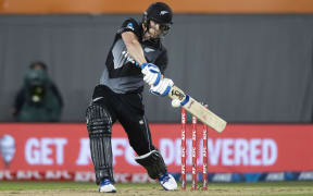 Black Caps batsman Jimmy Neesham hits a six - New Zealand Black Caps v West Indies during 1st T20 International cricket match, Eden Park, New Zealand.