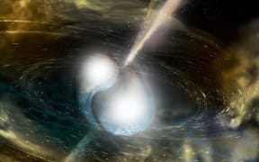 An artist's illustration of two merging neutron stars.