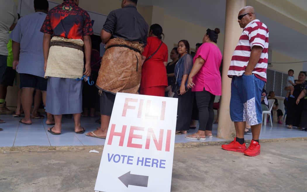 Voters from Vava'u queue to enter the outer islands polling place, in the capital Nuku'alofa today, 18 November 2021. Tonga's General Election for 17 People's Representative seats in the Tonga Legislative Assembly.