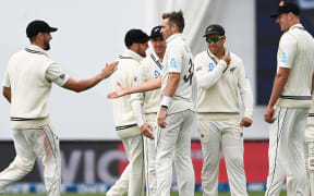 Tim Southee and team mates celebrate the wicket of Alzarri Joseph. New Zealand Black Caps v West Indies, Day 4 of the 2nd international cricket test at the Basin Reserve, Wellington on Sunday 13 December 2020. West Indies tour of New Zealand. © Copyright photo: Andrew Cornaga / www.photosport.nz
