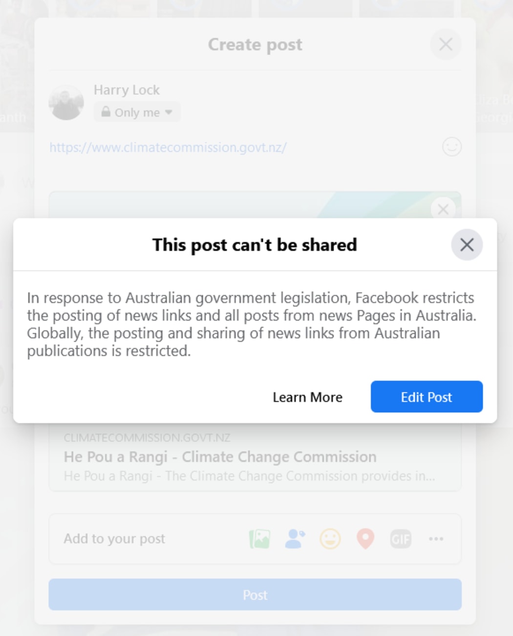 What happens when you try to post a link to the Climate Change Commission on Facebook.