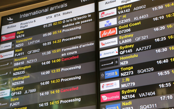 Airport arrivals board showing New Zealand and Pacific countries