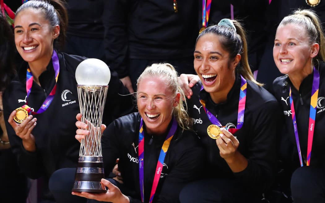 Netball World Cup 2019 final - Australia v New Zealand - M&S Bank Arena, Liverpool, England,World Cup 2019 winners, New Zealand, during the medal ceremony. Laura Langman with the trophy.
