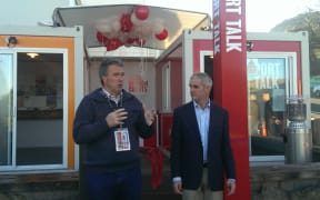 Lyttelton Port CEO Peter Davie (left) and Christchurch city councillor Andrew Turner at opening of the Port Talk kiosk in Lyttelton.