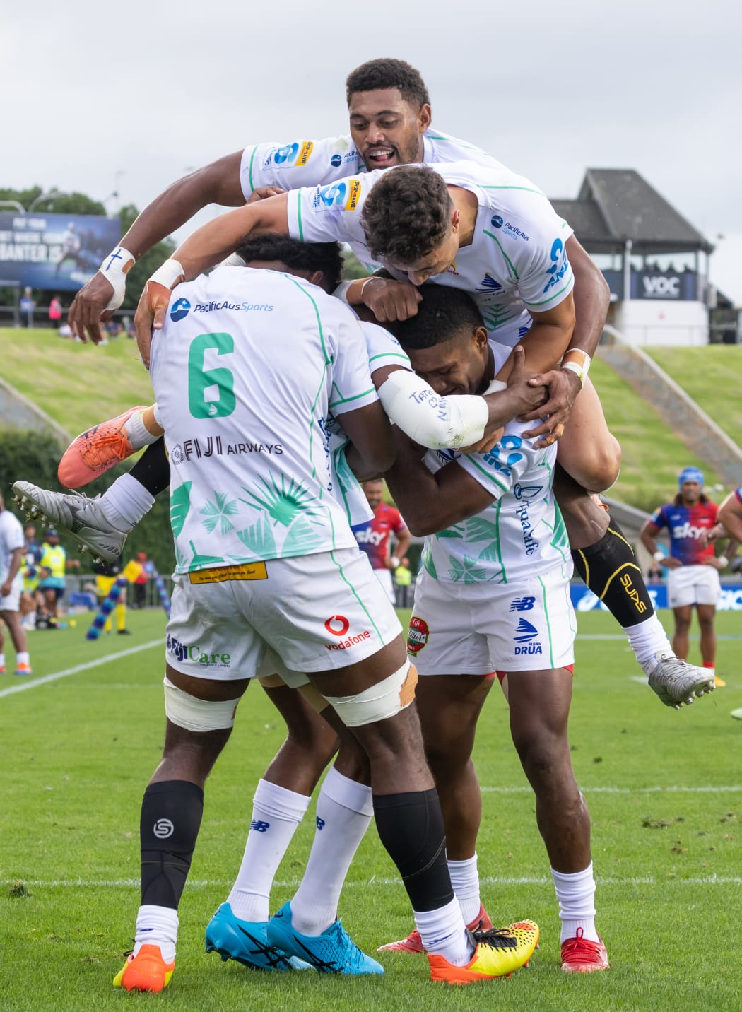 Fijian Drua replacement Taniela Rakuro celebrates scoring the match winning try, to win 36-34  - Super Rugby Paciﬁc - Moana Pasiﬁka v Fijian Drua at Mt Smart Stadium, Auckland