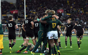 South Africa celebrate their win over the All Blacks 2018.
