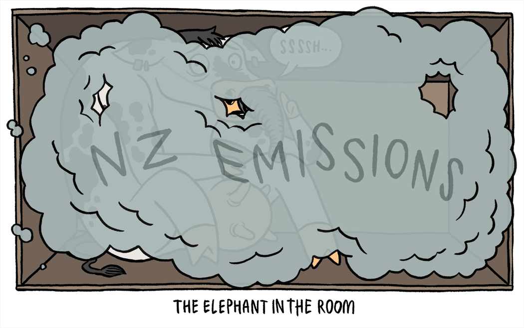 A dairy cow wearing a gas mask chokes in a cloud of grey emissions.