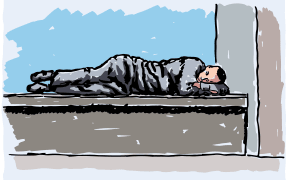 An illustration of a young man who is homeless, sleeping on a bench in the city.