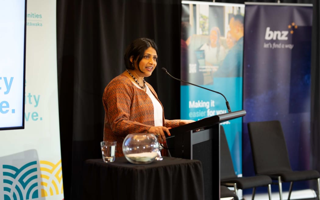 Minister for Diversity, Inclusion and Ethnic Communities Priyanca Radhakrishnan speaking at the Ministry for Ethnic Communities' first business forum for the ethnic community, May 2023.
