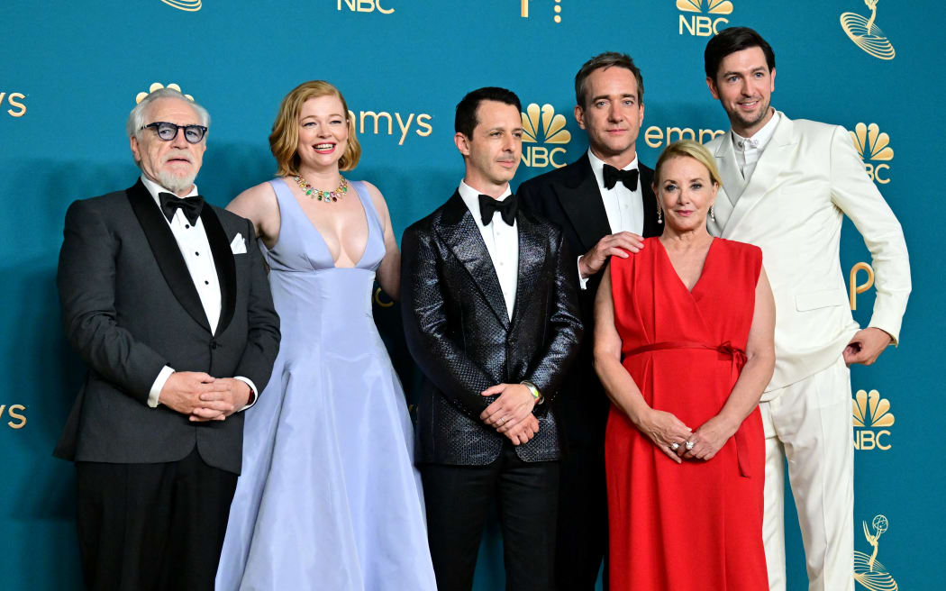 (FILES) (L-R) Scottish actor Brian Cox, Australian actress Sarah Snook, US actor Jeremy Strong, British actor Matthew Macfayden, US actress J. Smith-Cameron, and US actor Nicholas Braun pose after winning the Emmy for Outstanding Drama Series for 