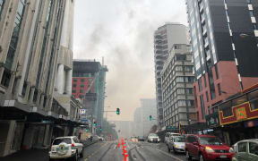 Smoke from the NZ International  convention centre fire still visible in the Auckland CBD on Wednesday.