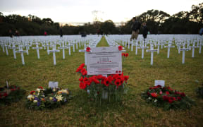 Crosses laid out in memorial at Auckland War Memorial Museum