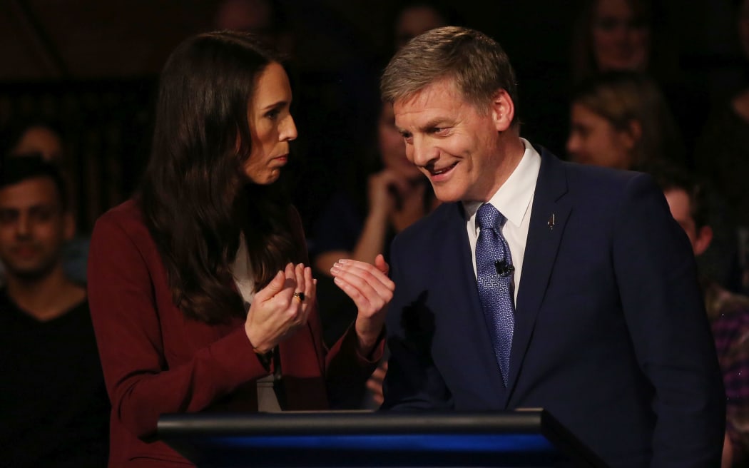 Jacinda Ardern and Bill English talk after the second leaders debate.